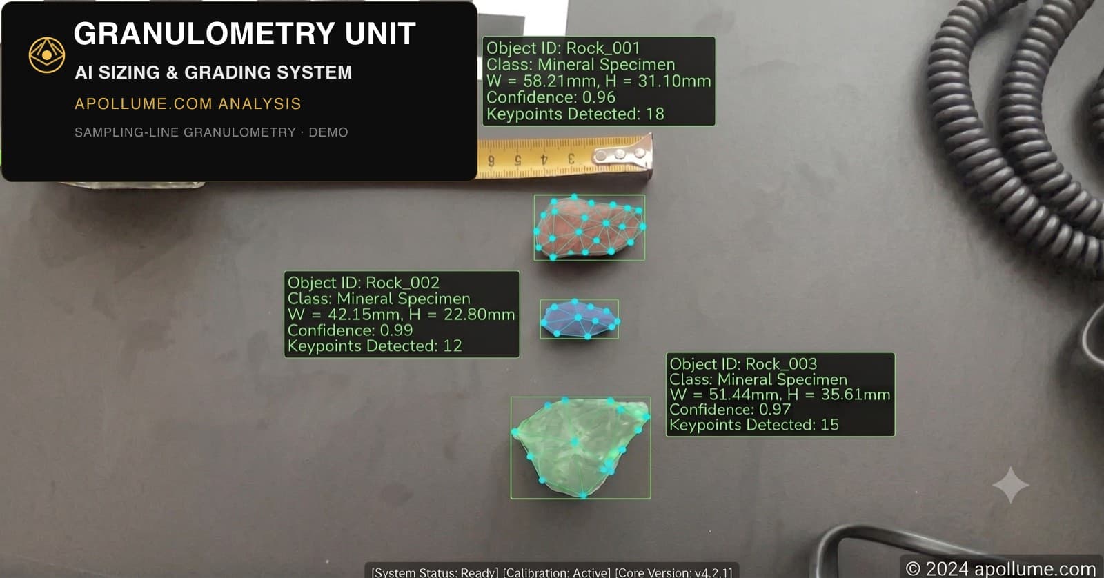 Granulometry demo — rock fragments measured from an overhead camera with millimetre width and height and keypoint detection, against a checkerboard calibration target.